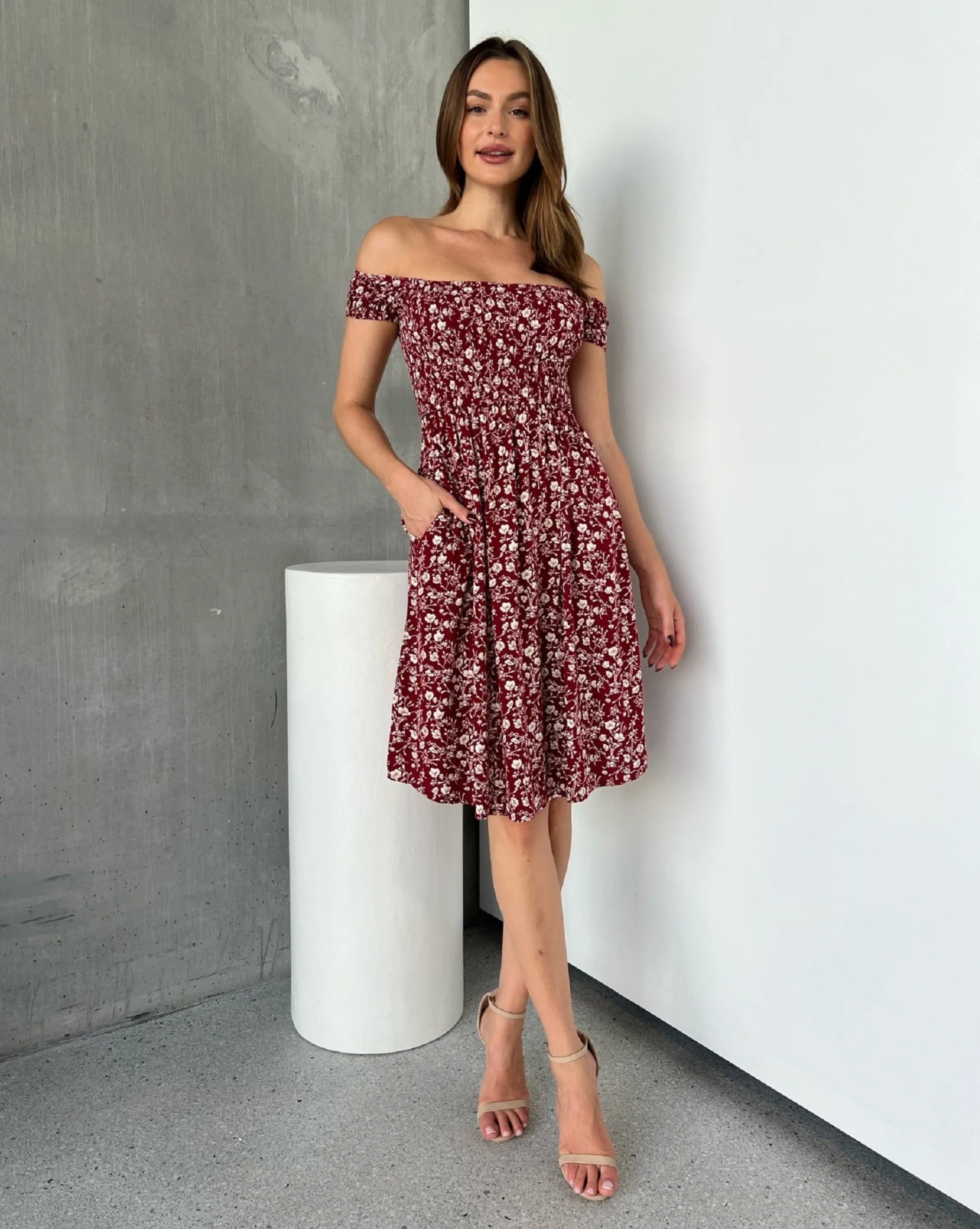 Soleil Shirred Red Floral Off Shoulder Midi Dress