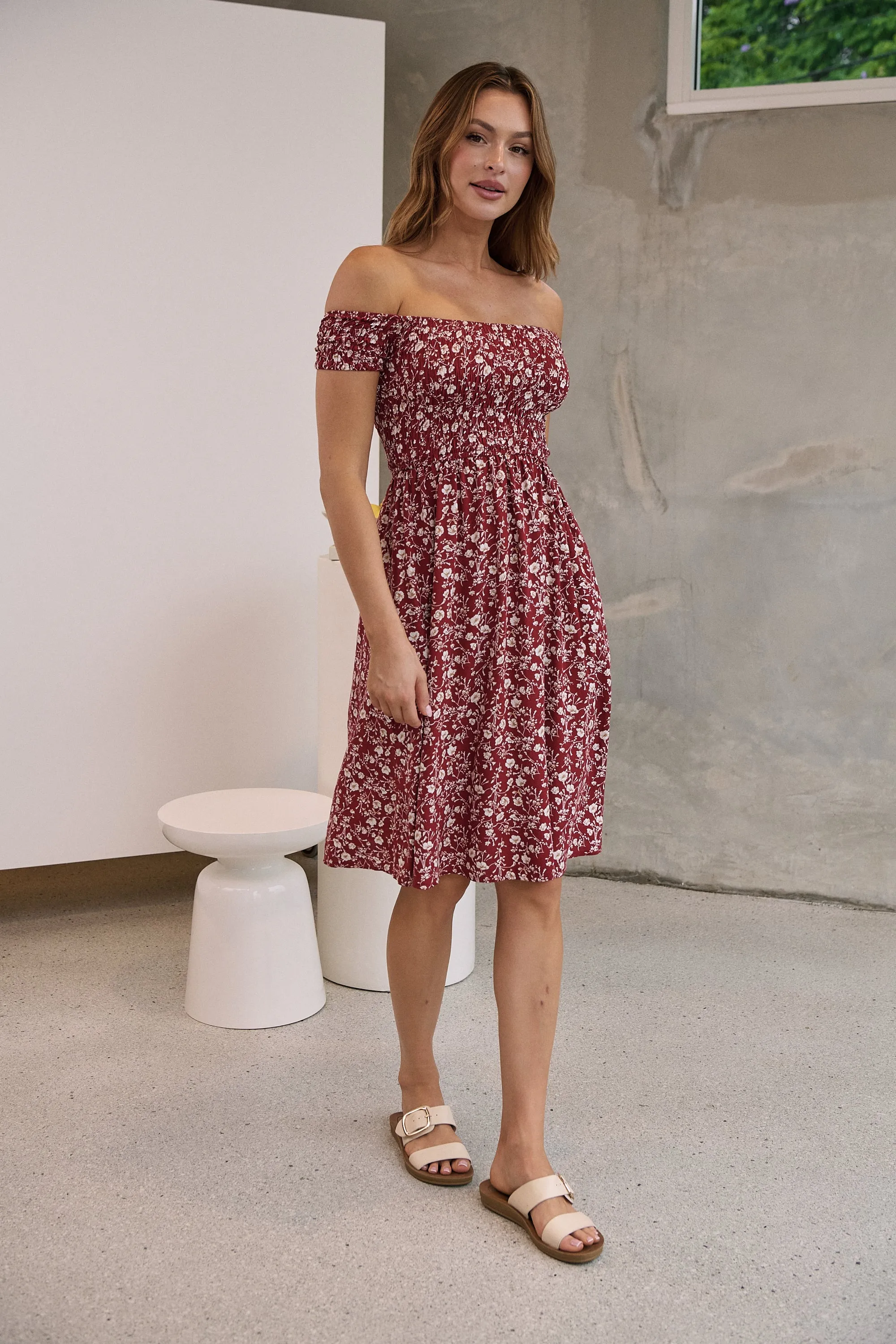 Soleil Shirred Red Floral Off Shoulder Midi Dress