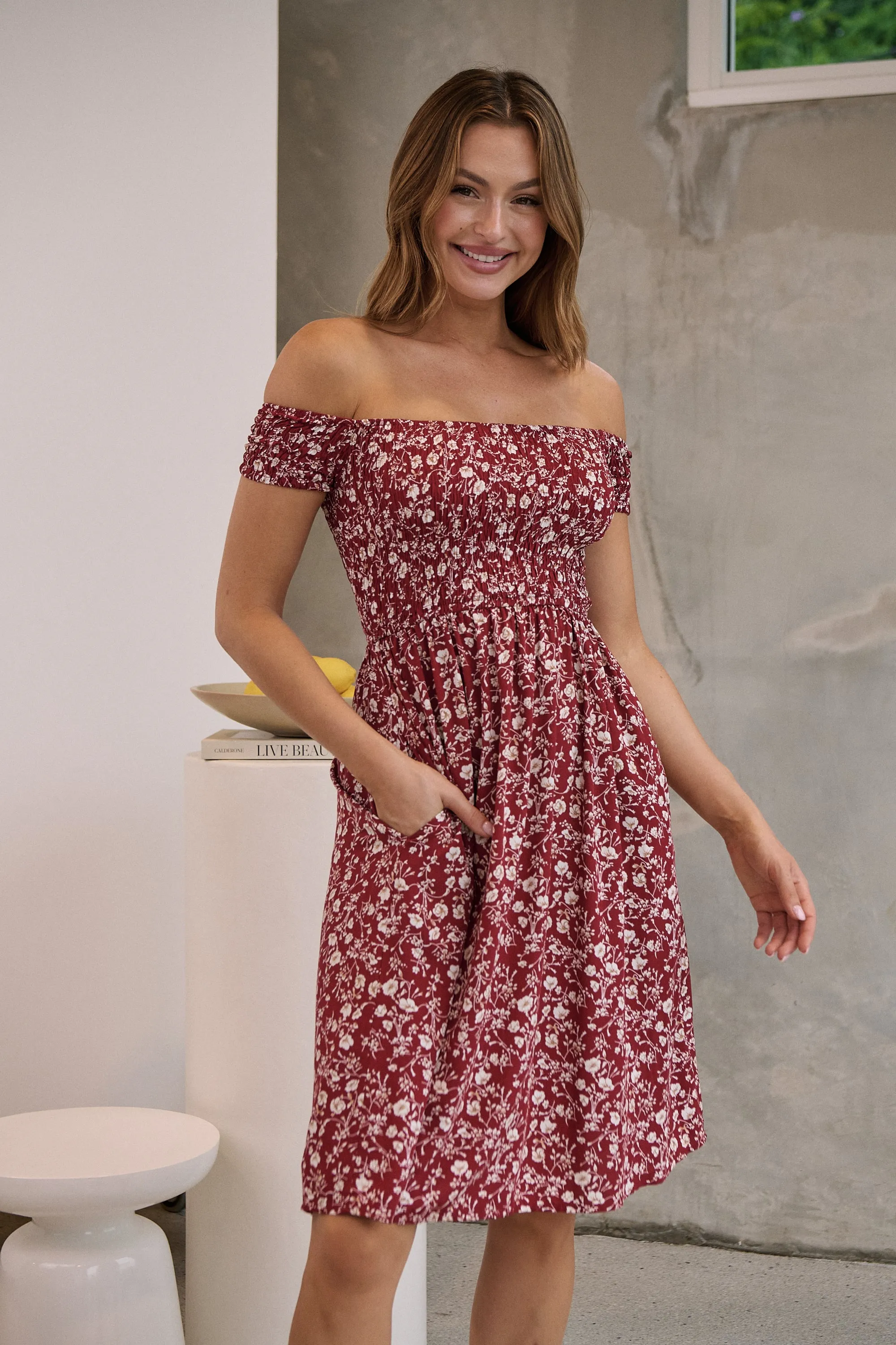 Soleil Shirred Red Floral Off Shoulder Midi Dress