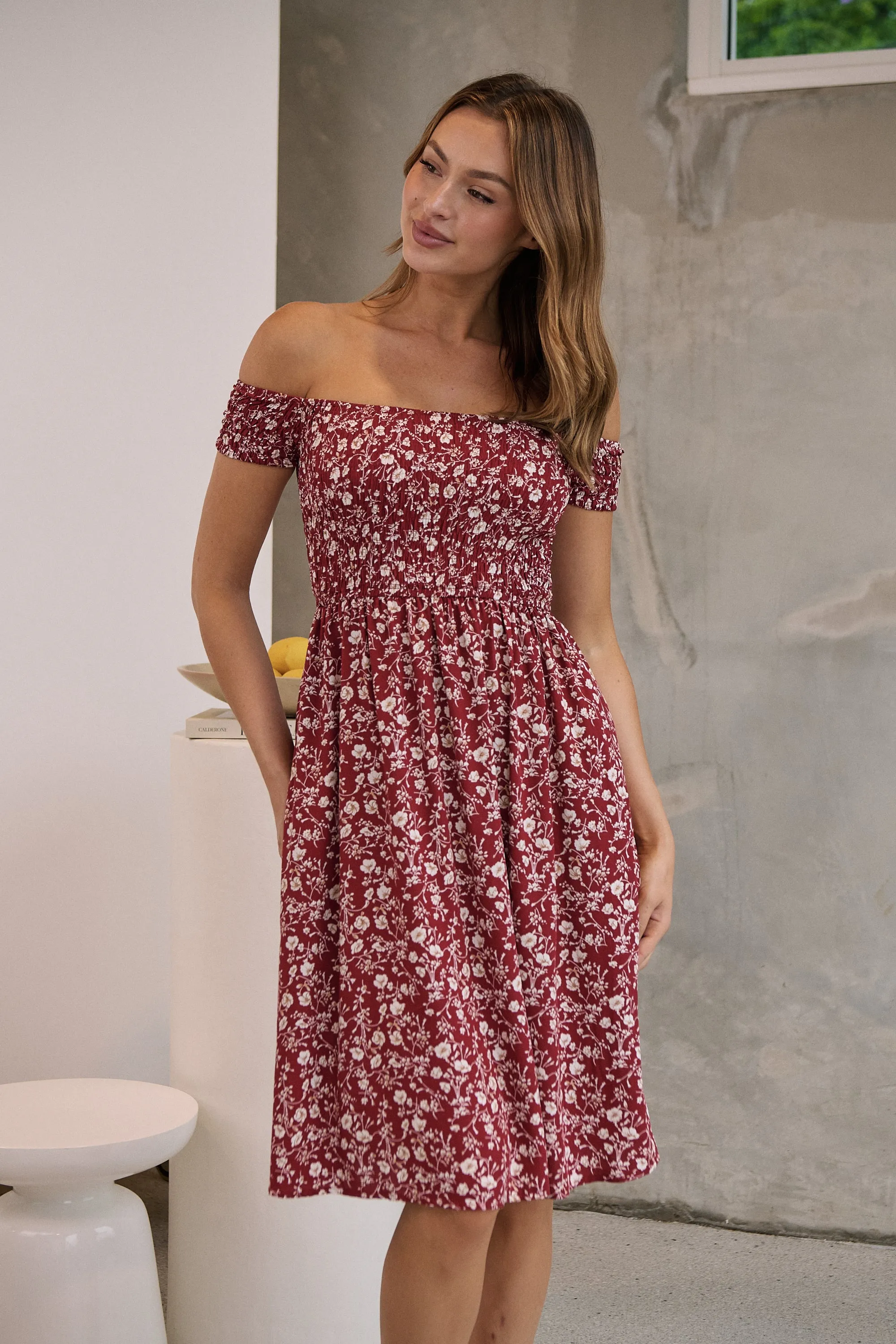 Soleil Shirred Red Floral Off Shoulder Midi Dress