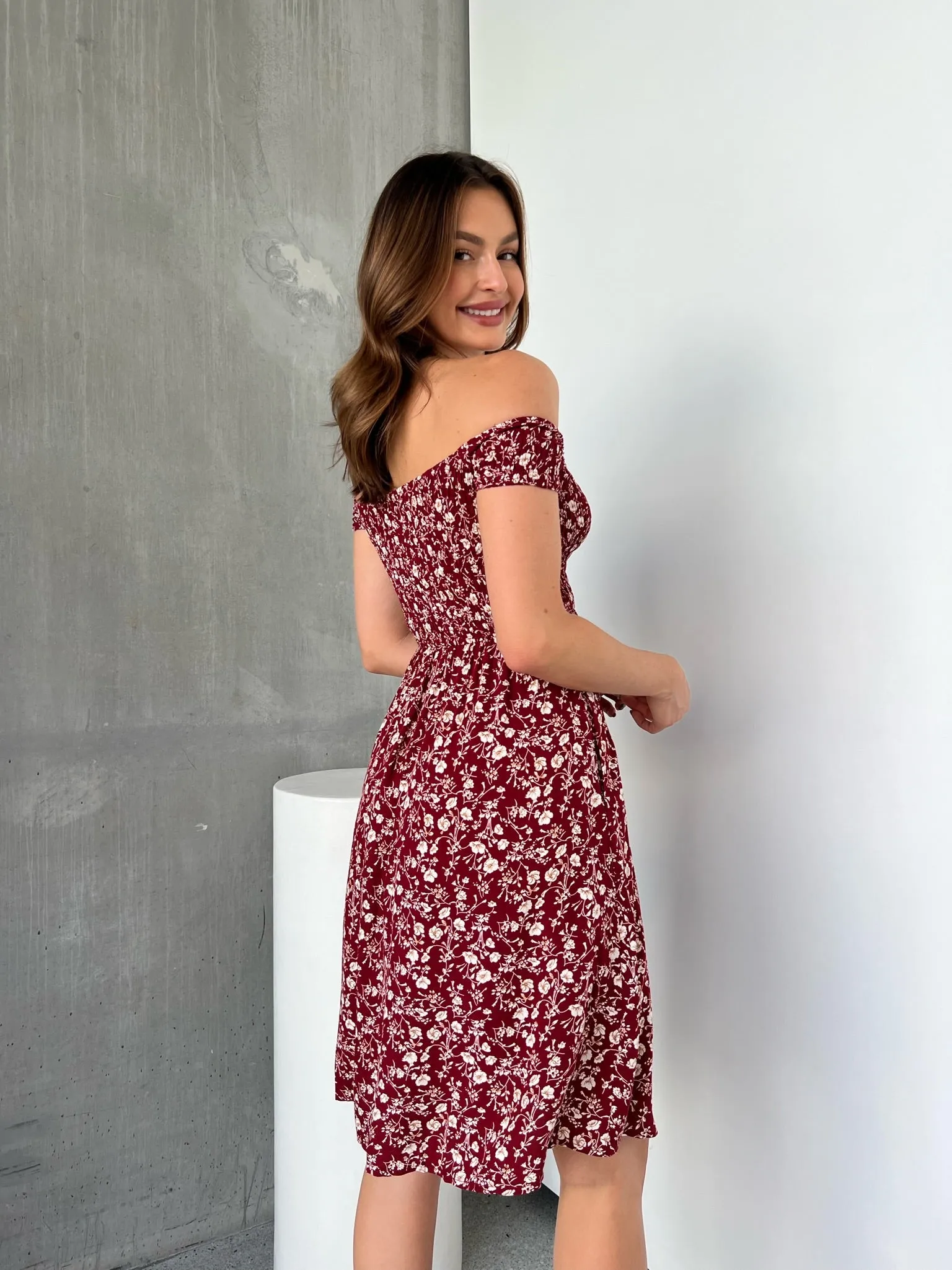 Soleil Shirred Red Floral Off Shoulder Midi Dress