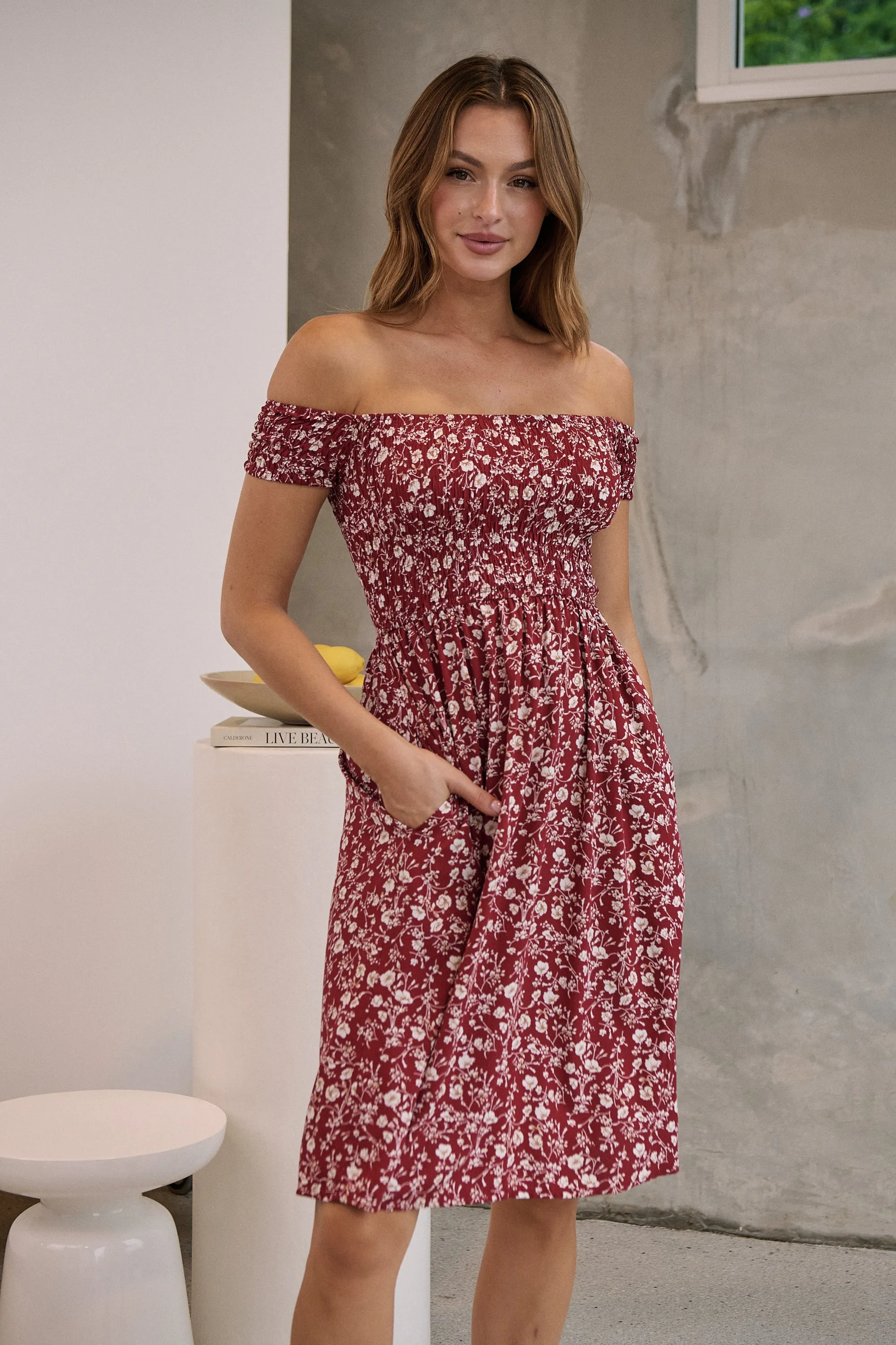 Soleil Shirred Red Floral Off Shoulder Midi Dress