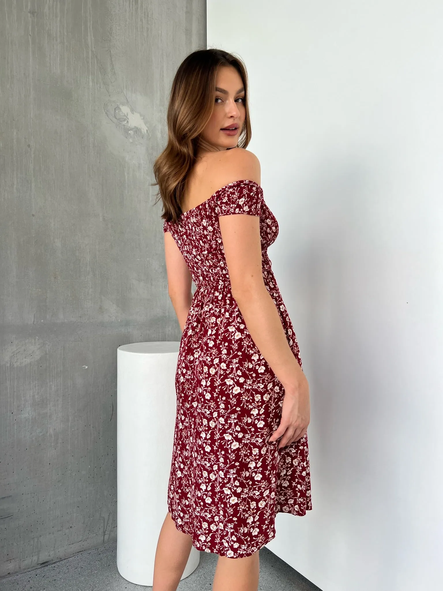 Soleil Shirred Red Floral Off Shoulder Midi Dress