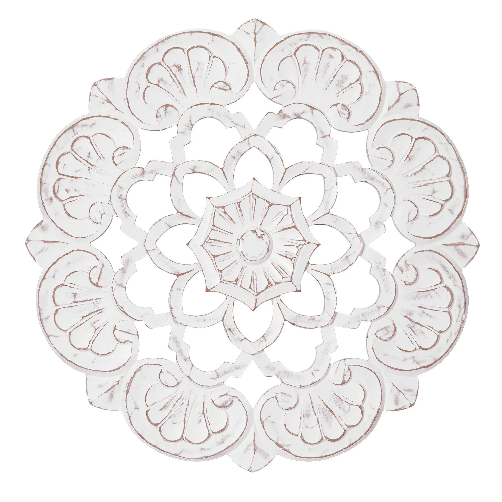 Traditional Hand-Carved India Wood Medallion, Large - White (24")