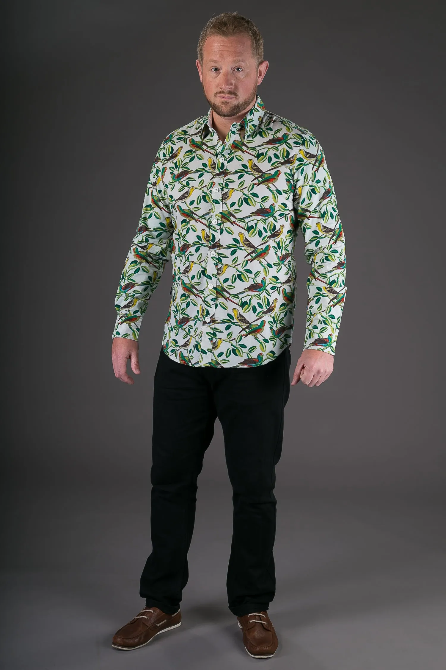 White Birds Floral Print Cotton Slim Fit Mens Shirt Long Sleeve