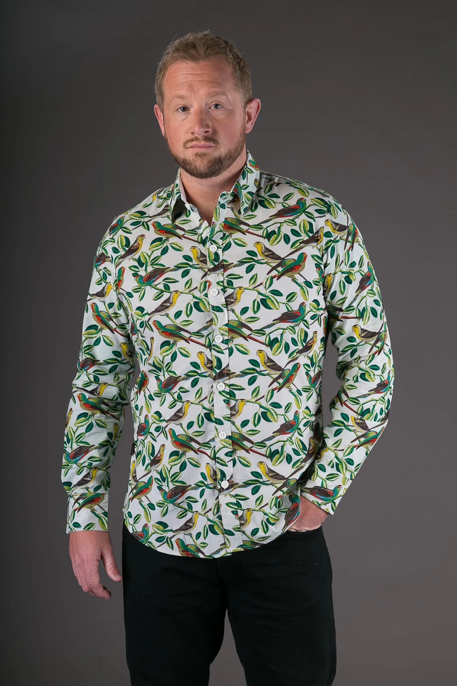 White Birds Floral Print Cotton Slim Fit Mens Shirt Long Sleeve