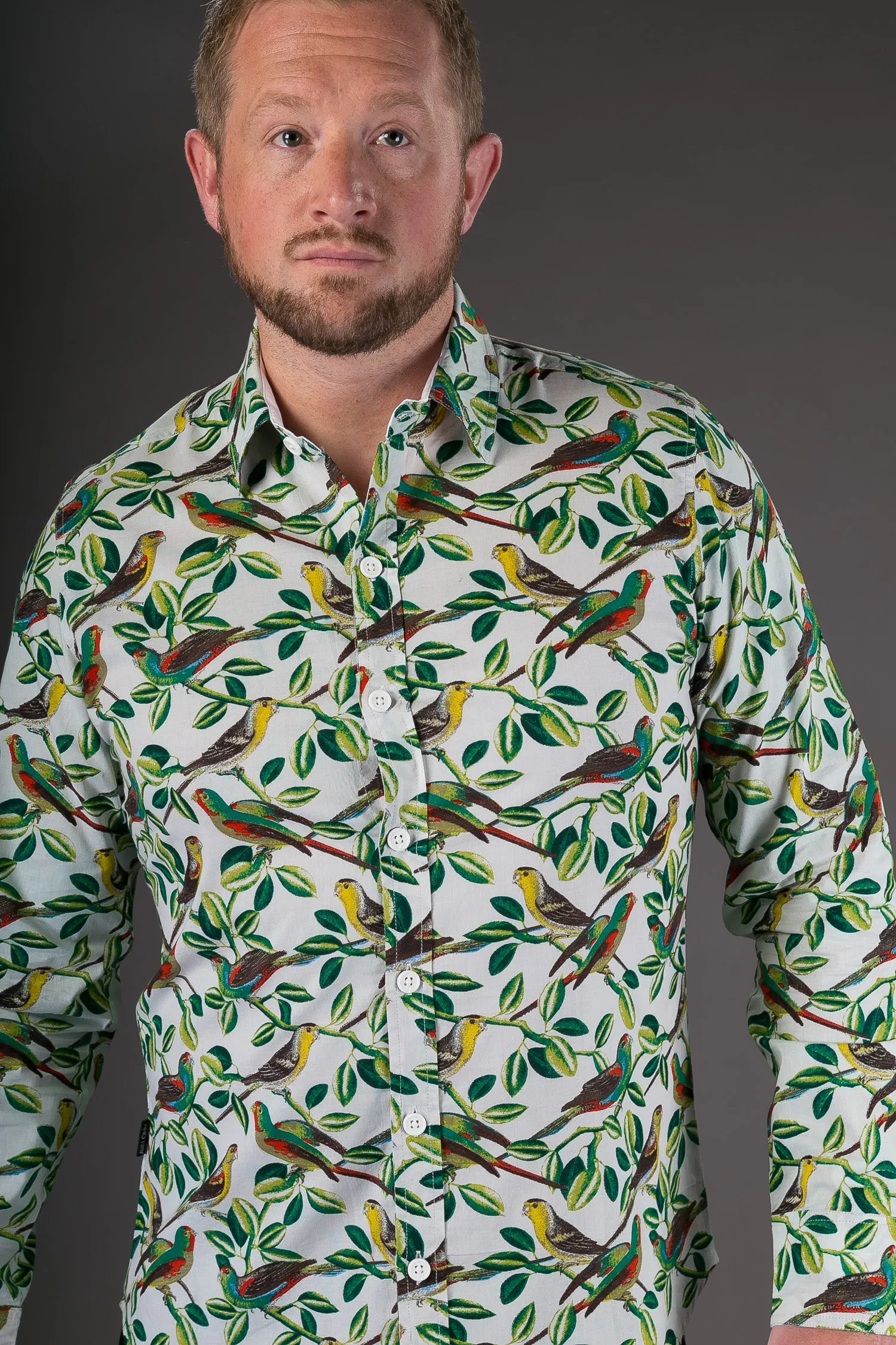 White Birds Floral Print Cotton Slim Fit Mens Shirt Long Sleeve