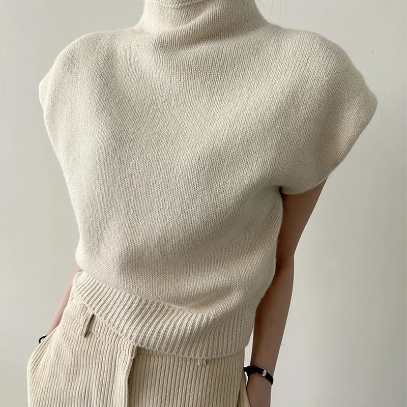 Winter French high-end high neck loose casual versatile sleeveless knitted sweater top for women